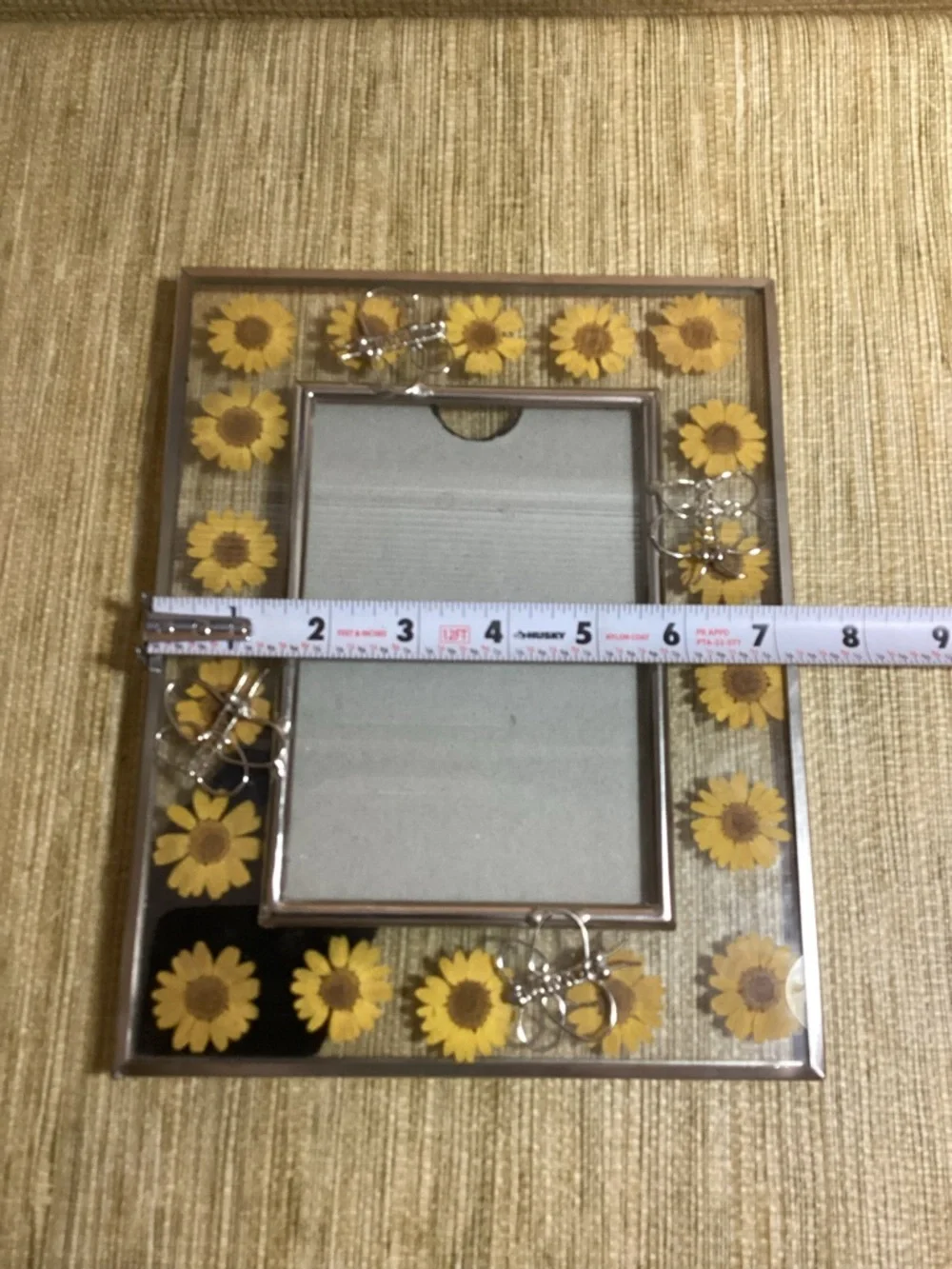 Pressed Sunflower in Glass Photo Frame with Silver Accents of Butterflies